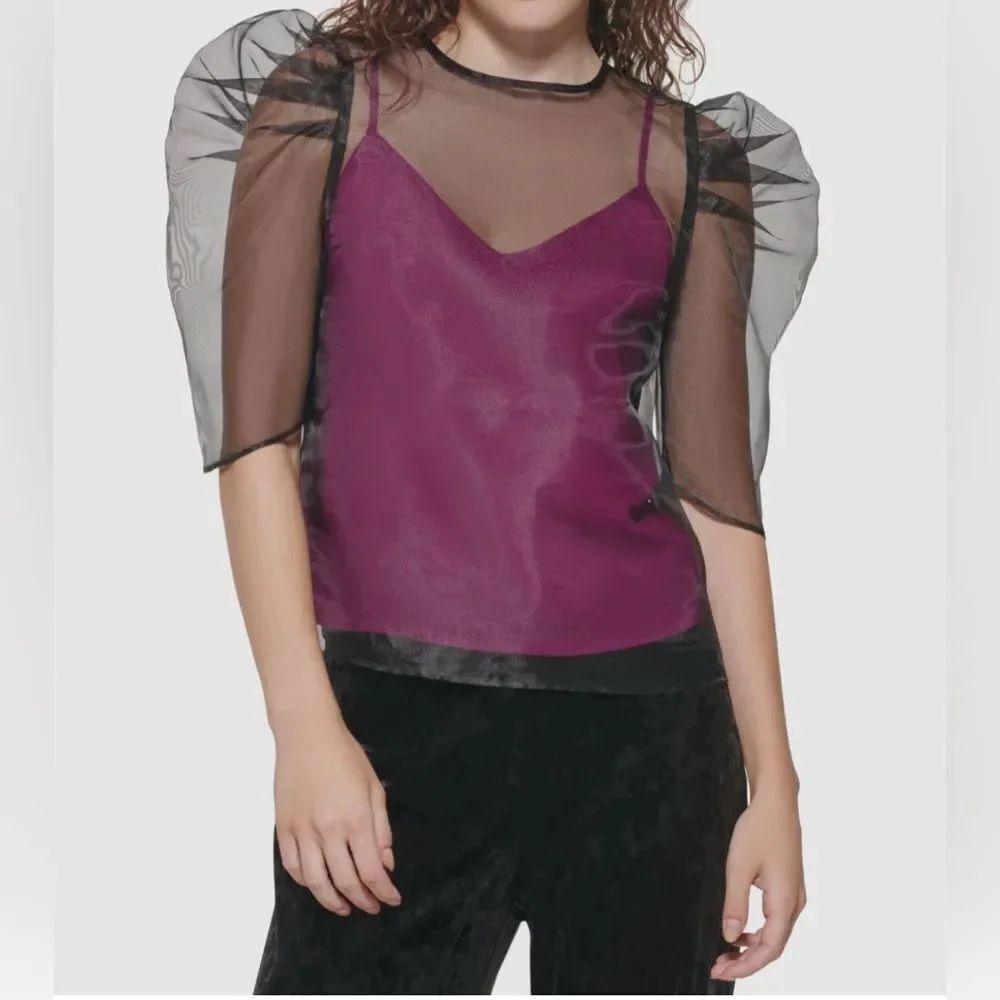 DKNY Sheer Puffed Sleeve Blouse W/Purple Camisole Set Sz 8 NWT